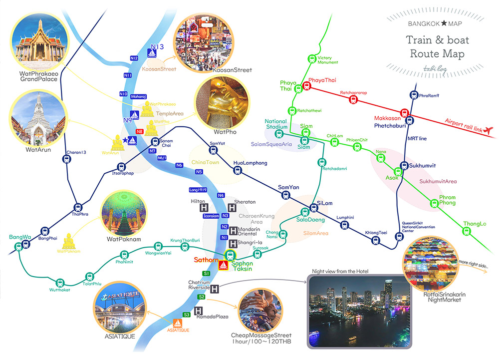 【With Sightseeing Spots】 Bangkok Train & Boat Route Map