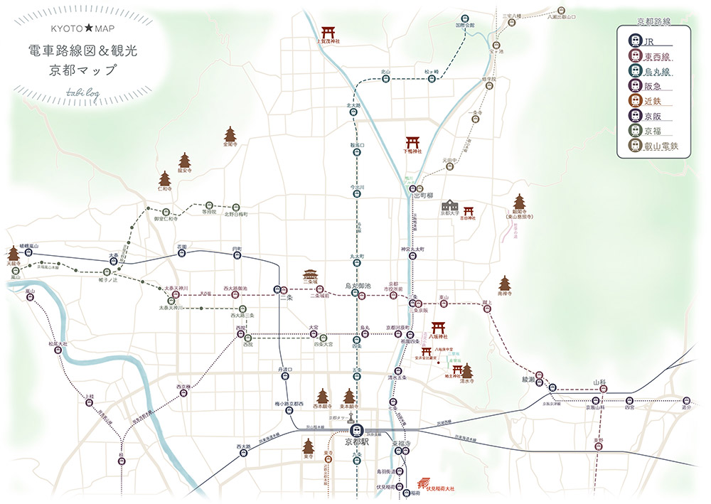 京都マップ① 電車路線図＆観光地付きマップ